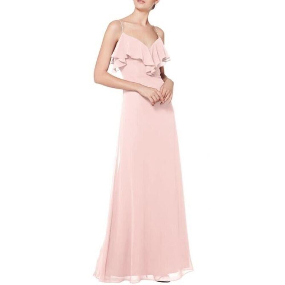 Levkoff Embellished Ruffle Neck Chiffon A-Line Gown in Petal Pink Size 6 $180
